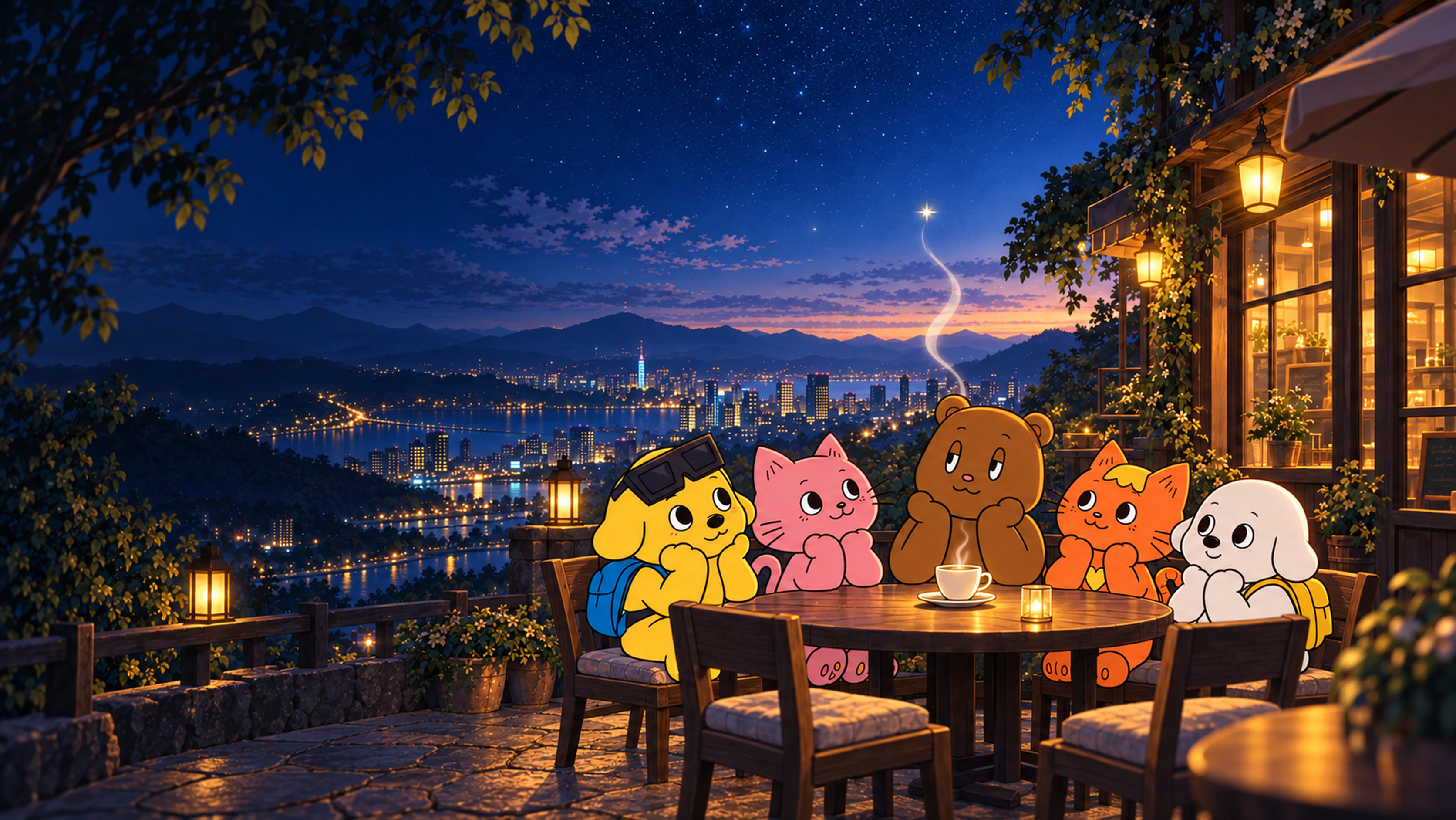 Five friends gather around one last cup of coffee on a terrace before dawn