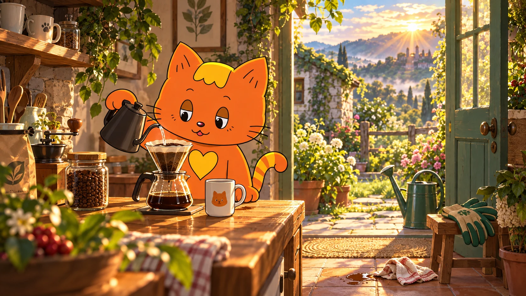 庭に朝の光が差すキッチンで、サムがゆっくりコーヒーを淹れる