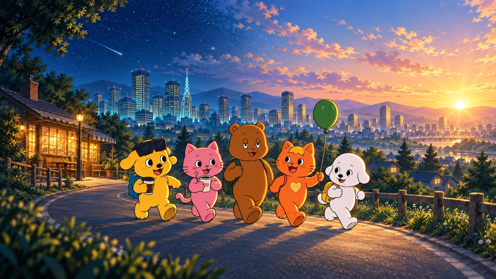Bob, Poppy, John, Sam, and News walking together toward daybreak