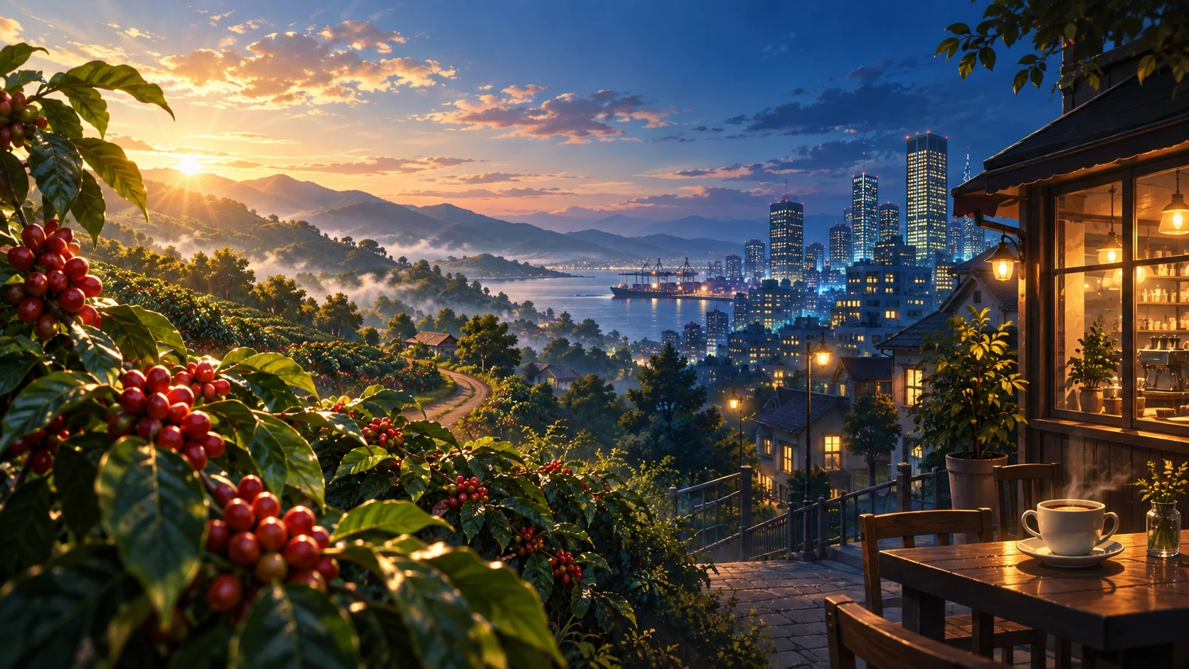 A landscape connecting a coffee-cherry farm to a cup in a Shibuya café