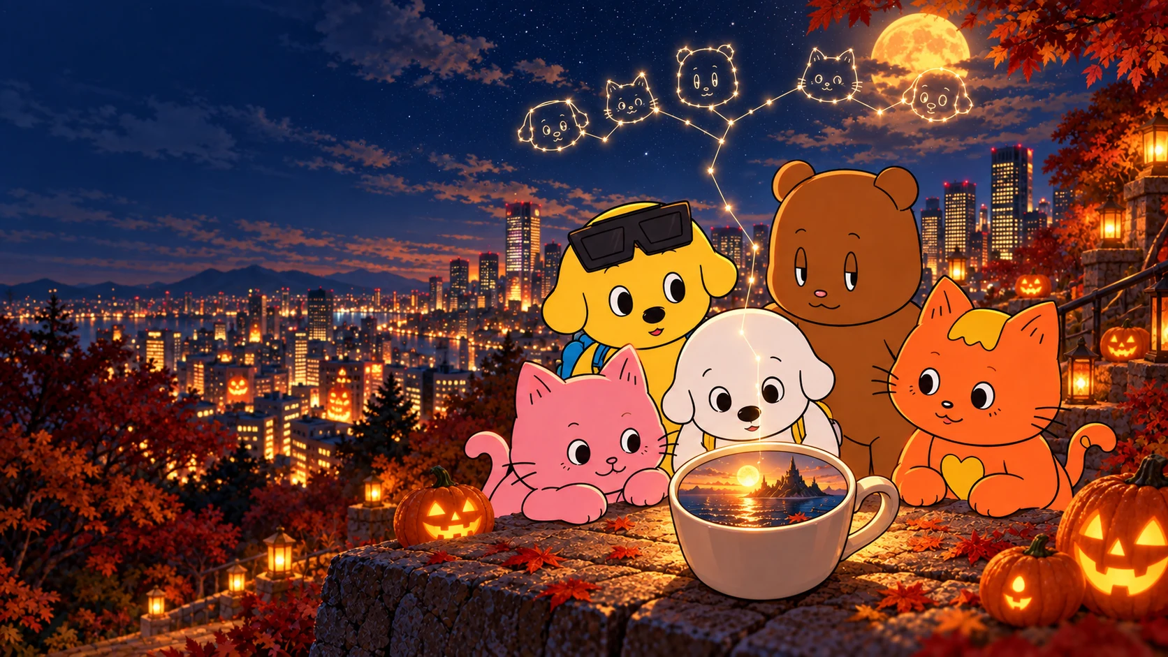 Five friends gathered around a magical cup above an autumn festival city at night