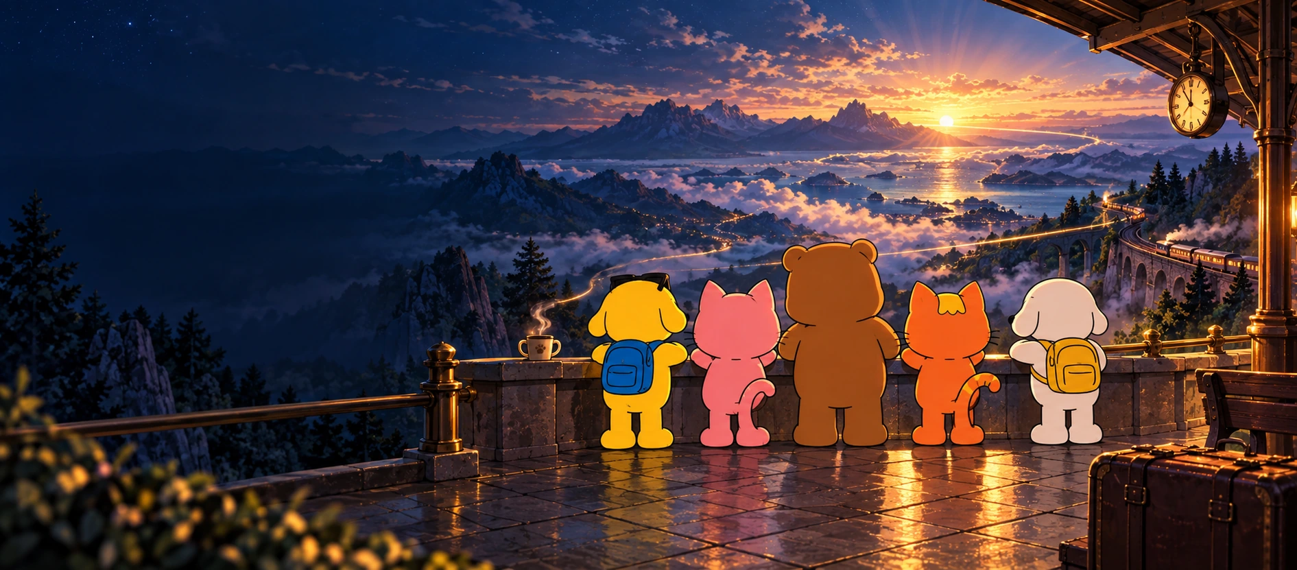 夜明けの地平線と光の道を見つめるBob、Poppy、John、Sam、Newsの後ろ姿