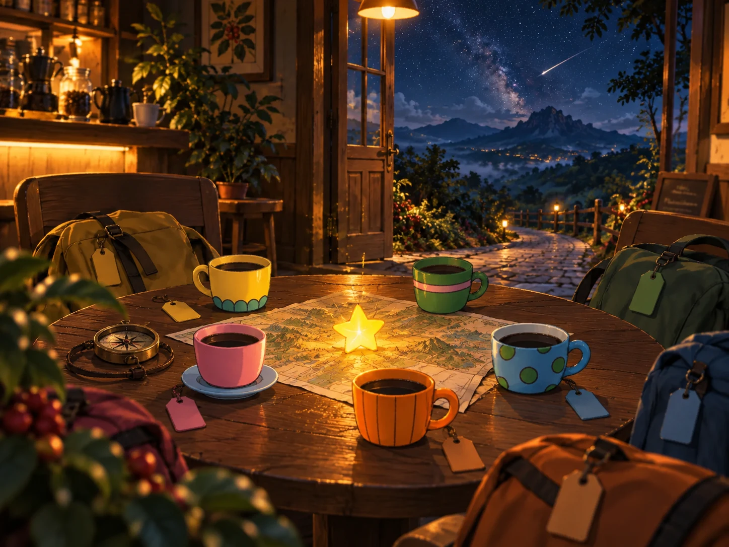 A star shard, five cups, and travel gear waiting in a café at night