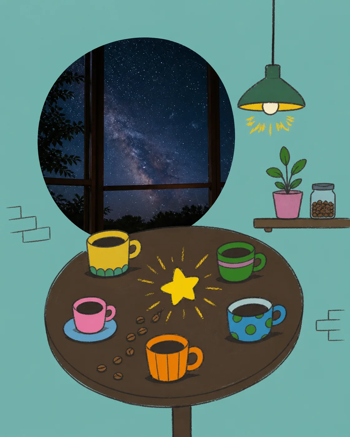 Five cups and a glowing star shard gathered on a café table beneath the night sky